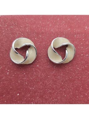 Celtic Knot Earrings Enamel 1980s Geometric Silver Tone & Cream Color